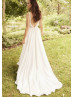 V Neck Ivory Lace Organza Slit Flowing Wedding Dress